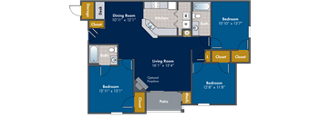 3 bedroom 2 bathroom Floor plan A at Abberly Twin Hickory Apartment Homes, Glen Allen, Virginia