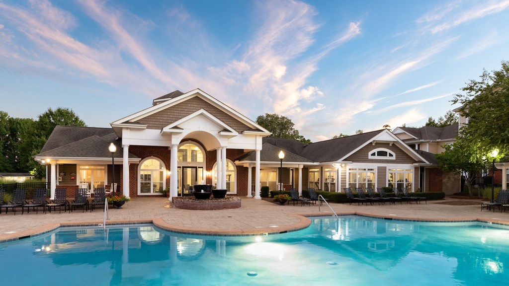 Exterior View of Pool and Clubhouse at Abberly Woods Apartment Homes, Charlotte, NC 28216