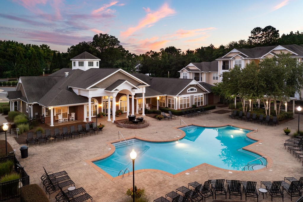 Outdoor Pool During Dusk at Abberly Woods Apartment Homes, Charlotte, North Carolina