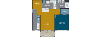 a floor plan of a living area and a kitchen with a bedroom and a patio