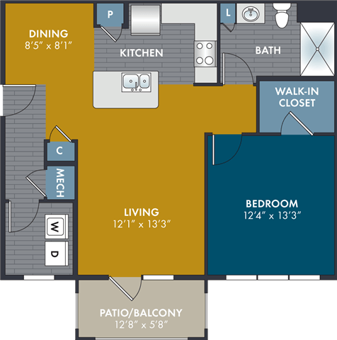 a floor plan of a living area and a kitchen with a bedroom and a patio