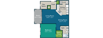 a floor plan of a living room and dining room with a kitchen and a bathroom