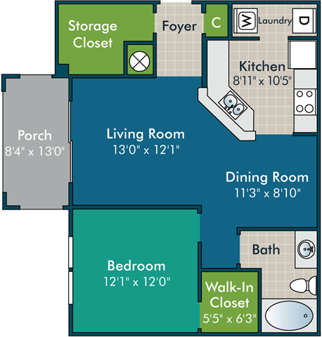 a floor plan of a living room and dining room with a kitchen and a hall
