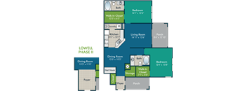 the floor plans of two bedrooms apartments and a living room