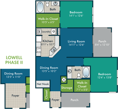 the floor plans of two bedrooms apartments and a living room