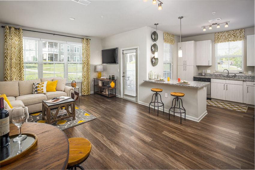 Living room with kitchen space Living room with kitchen space at Abberly Market Point Apartment Homes, Greenville, South Carolina - Photo Gallery