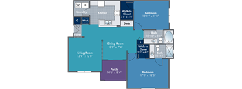 a floor plan of a living room with a dining room and a deck