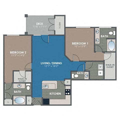 Platinum 2 Bedroom 2 Bath Floor Plan at Abberly Waterstone Apartment Homes by HHHunt, Virginia