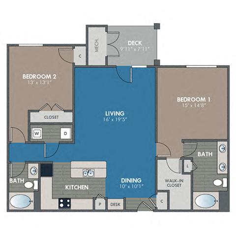 Quartz 2 Bedroom 2 Bath Floor Plan at Abberly Waterstone Apartment Homes by HHHunt, Virginia, 22554