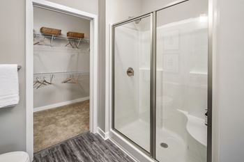 a bathroom with a shower and a toilet