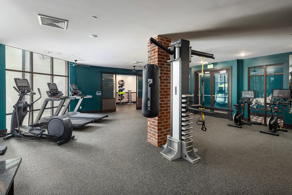 a gym with a punching bag and other exercise equipmentat Abberly Foundry Apartment Homes, Nashville