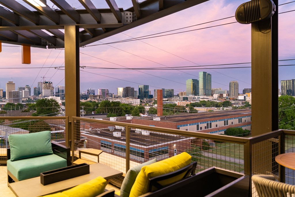 a view of the philadelphia skyline from the rooftop deck at Abberly Foundry Apartment Homes, Nashville