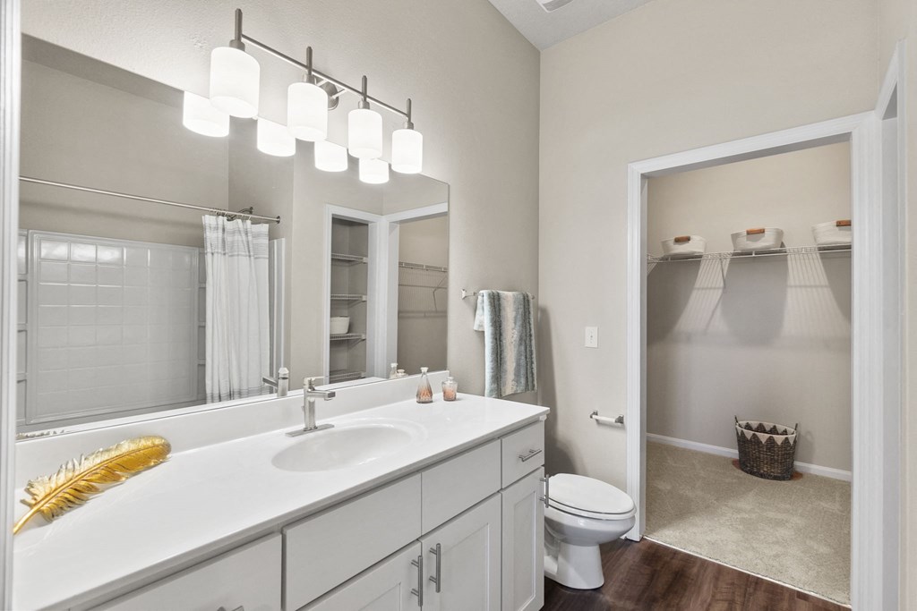 bathroom with a large mirror at West Ashley Apartment Homes, Charleston, 29414