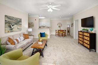 a living room with beige carpet and a ceiling fan at Abberly Grove Apartment Homes, North Carolina, 27610
