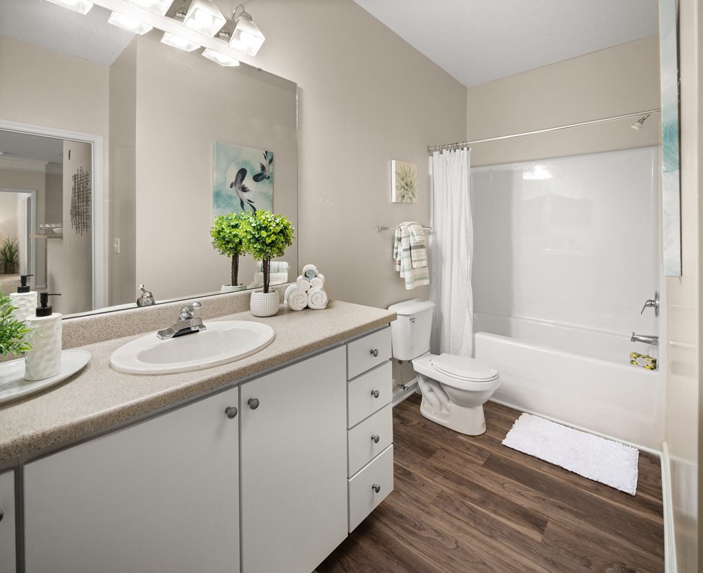 our apartments offer a bathroom with a shower and tub at Abberly Grove Apartment Homes, Raleigh, NC