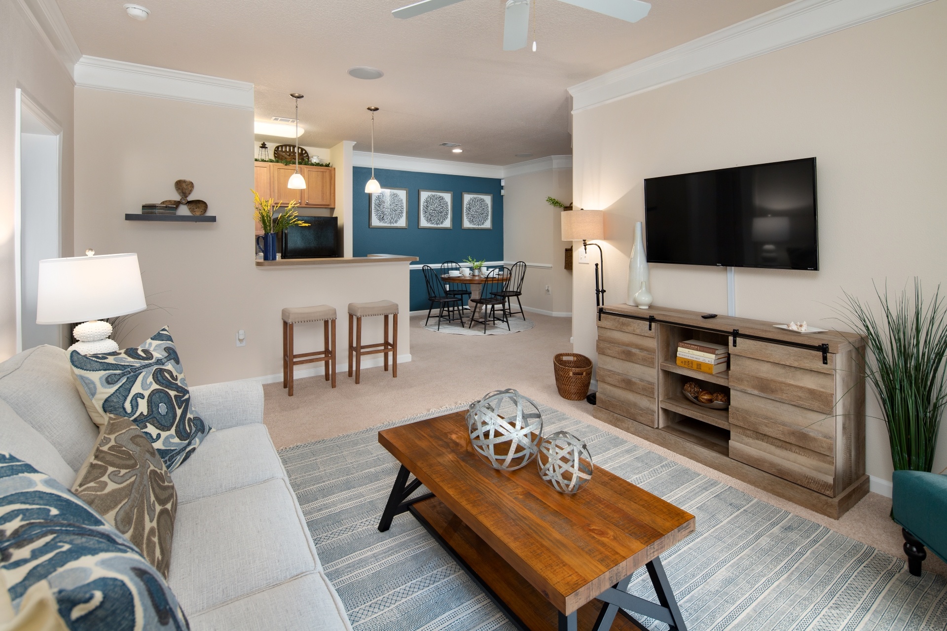 a living room with a couch and a coffee table