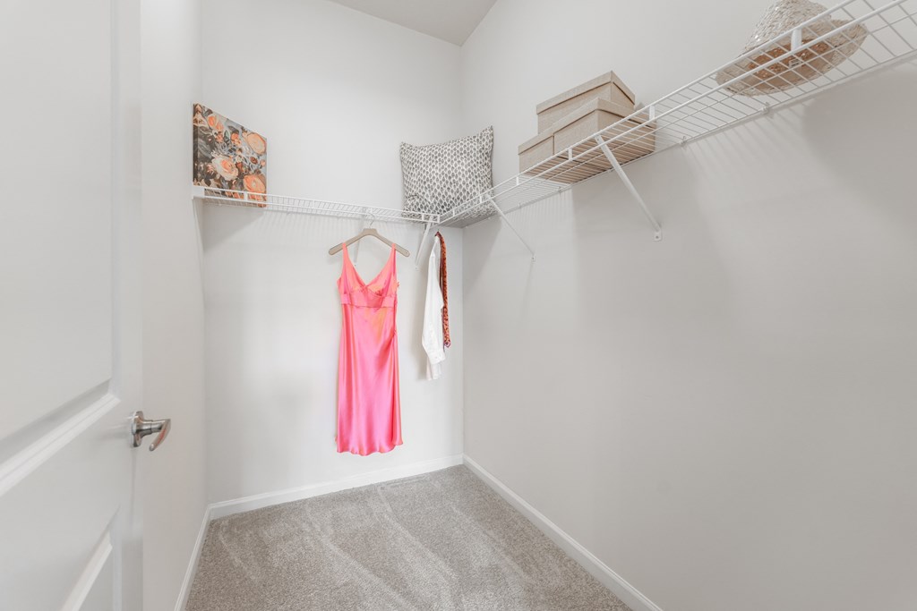 a walk in closet with a pink dress hanging on the wall at Abberly Crest Apartment Homes, Lexington Park, 20653