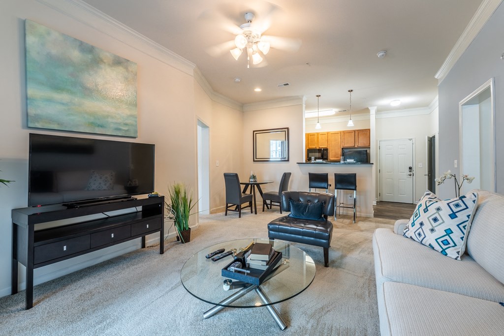 a living room with a couch a chair a table and a television at Abberly Crest Apartment Homes, Lexington Park, 20653