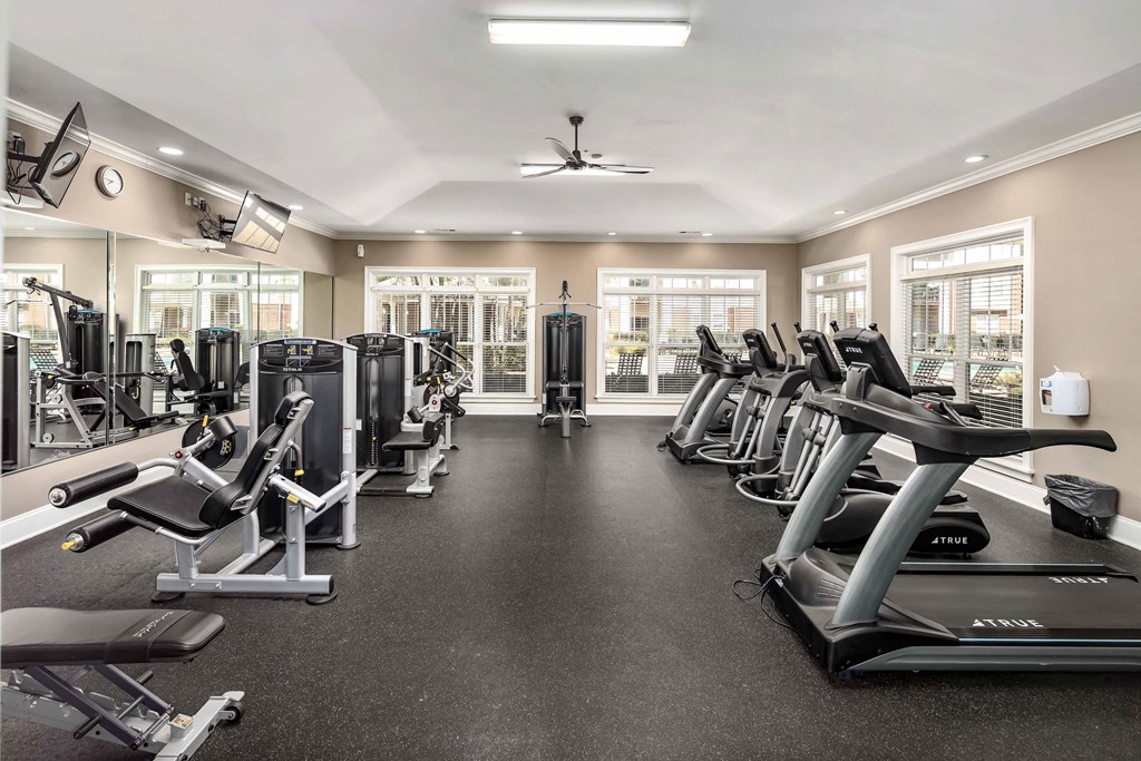 a room filled with lots of cardio equipment and weights at Abberly Crest Apartment Homes, Lexington Park, 20653