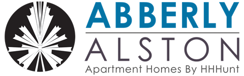 A logo with a black and white design and the words "ABBERLY ALSTON Apartment Homes By HHHunt" written in blue.
