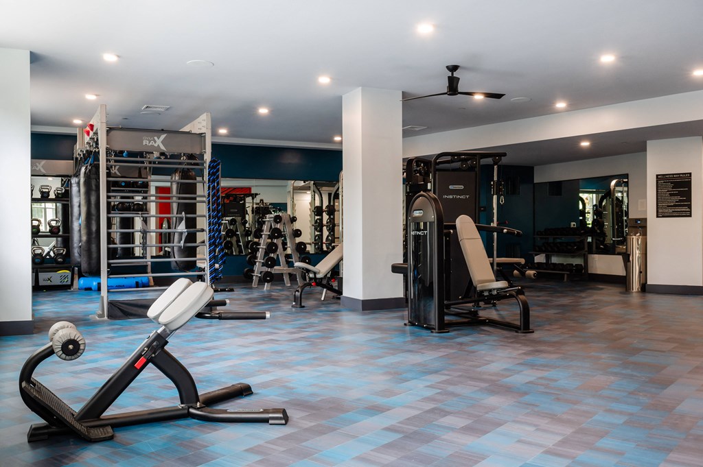 a gym with cardio equipment and weights in a building