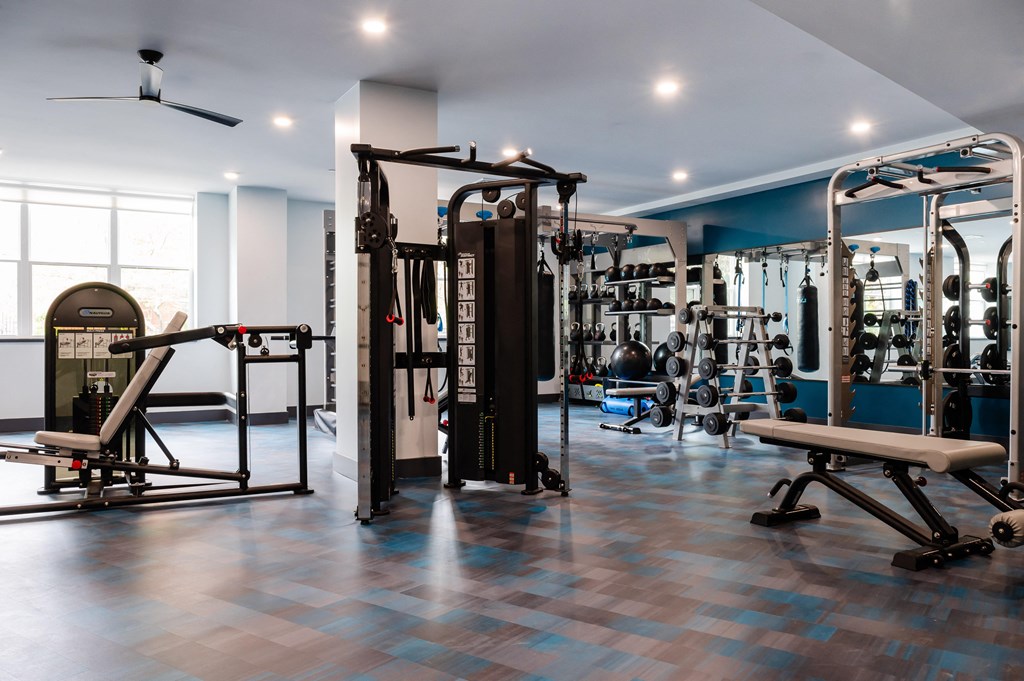 a fitness room with weights and cardio equipment and a window