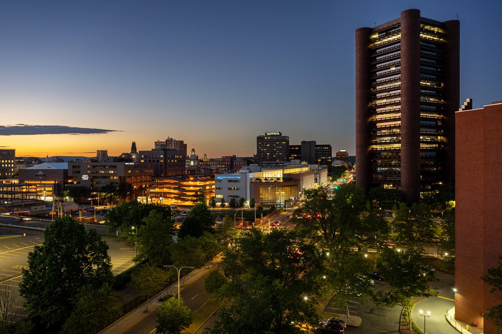 a city at night with the skyline in the background