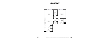 A floor plan of an apartment with a living room, kitchen, dining room, bedroom and bathroom.
