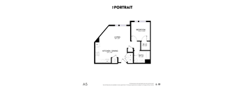 A floor plan of an apartment with a living room, kitchen/dining area, bathroom and bedroom.
