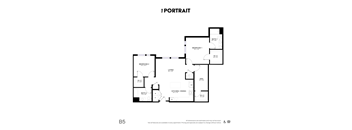 A black and white floor plan of an apartment with two bedrooms, a living room, a kitchen/dining area, and two bathrooms.
