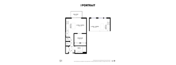 A black and white floor plan of an apartment with a balcony and two living/dining areas.