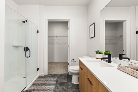 A bathroom with a walk-in shower, toilet, and sink.