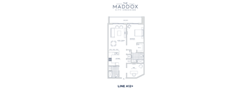 A floor plan of a one bedroom apartment in a building called The Maddox City Crossing.