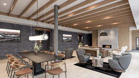 A modern dining room with a wooden table and chairs.
