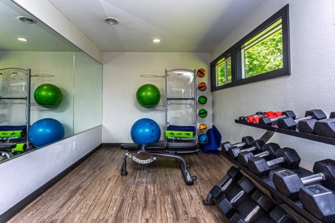 A gym room with a mirror, exercise balls, dumbbells, and a bench.