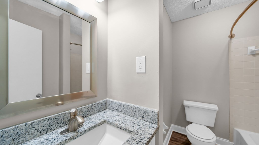 A bathroom with a sink, toilet, and mirror.