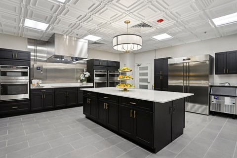 A modern kitchen with black cabinets and stainless steel appliances.