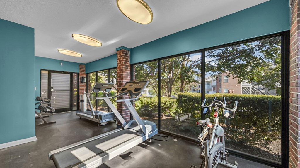 A home gym with a treadmill, exercise bike, and weights.