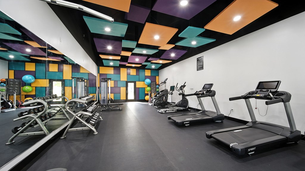 A gym with treadmills and exercise equipment.