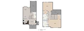 A floor plan of a two bedroom, 1.495 square feet apartment with a bathroom, living room, dining room, kitchen, and family room.