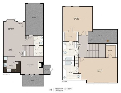 A floor plan of a two bedroom, 1.495 square feet apartment with a bathroom, living room, dining room, kitchen, and family room.