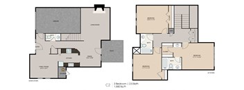 A floor plan of a 3 bedroom apartment with 2.5 bathrooms.