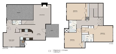 A floor plan of a 3 bedroom apartment with 2.5 bathrooms.
