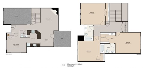 A floor plan of a 3 bedroom apartment with 2 bathrooms.