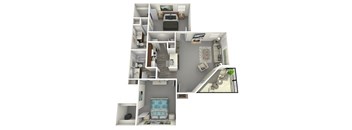 a 3d rendering of our 2 bedroom apartment at princeton court apartments in dallas