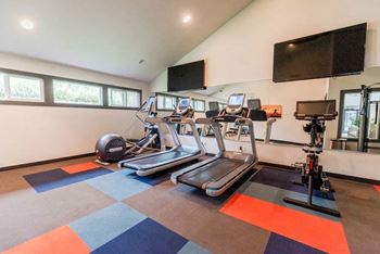 A gym with treadmills, exercise bikes, and a television at Altitude Apartment , Washington, 98444