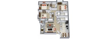 A 3D floor plan of a house with multiple rooms and furniture.