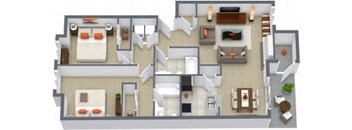 A 3D floor plan of a house with multiple rooms.