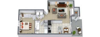 A 3D floor plan of a house with a living room, kitchen, dining room, and two bedrooms.