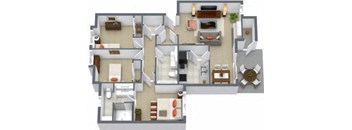 A 3D floor plan of a house with multiple rooms and furniture.